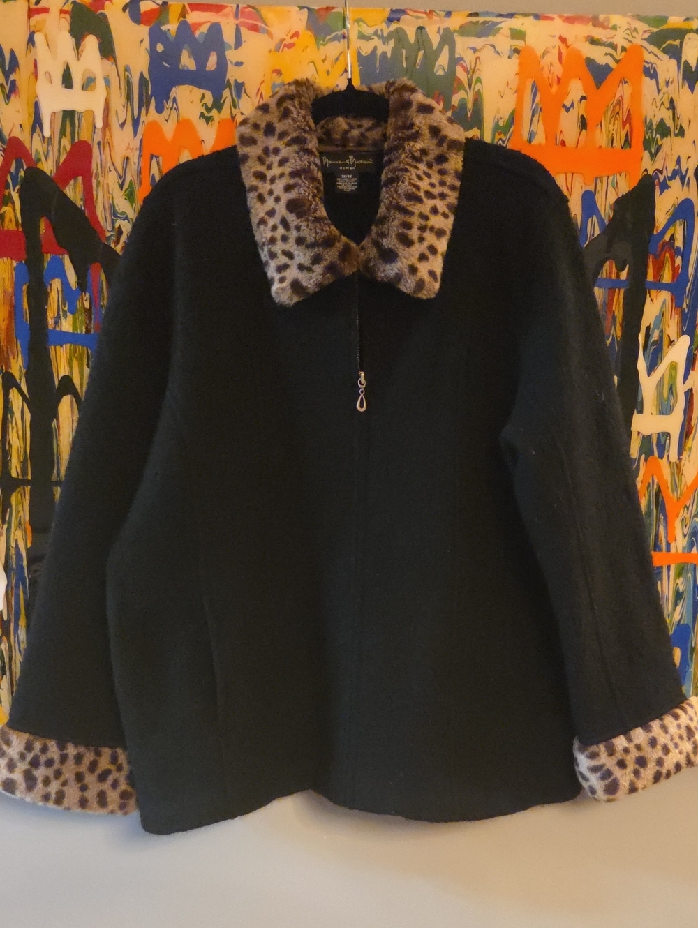 MERCER&MADISON Black 100% Wool Coat Sweater Knit W Leopard Trim. 2x Warm & Chic